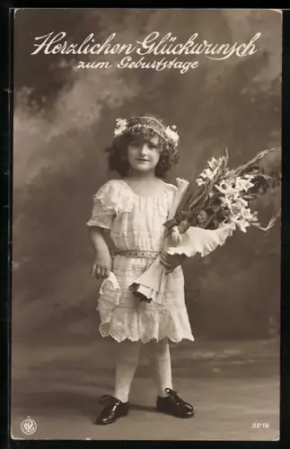 Foto-AK NPG Nr. 3278: Mädchen im Kleid mit Blumen, Geburtstagsgruss