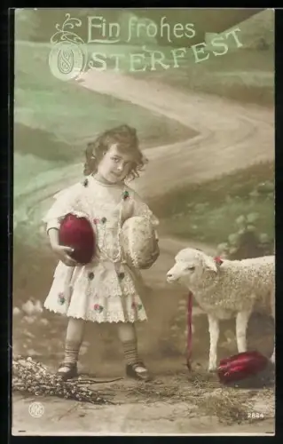 Foto-AK NPG Nr. 2864: Mädchen mit Ostereiern und Lamm, Ostergruss
