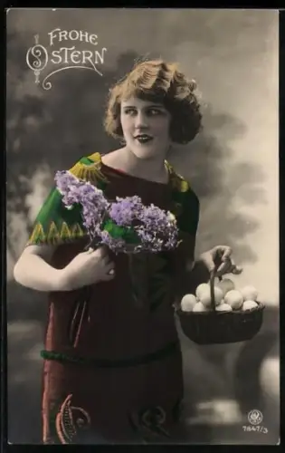 Foto-AK NPG Nr. 7847/3: Fräulein mit Osterkorb und Blumen, Ostergruss