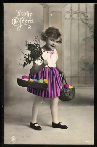 Foto-AK NPG Nr. 416/4: Mädchen mit Osterkörben, Ostergruss