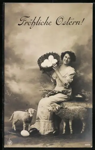 Foto-AK NPG Nr. 2255: Fräulein mit Osterkorb und Lämmern, Ostergruss