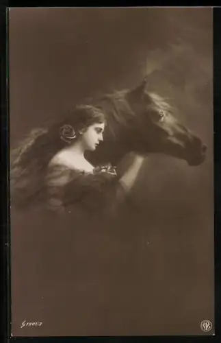 Foto-AK NPG Nr. 1001/3: Junge Frau mit ihrem Pferd
