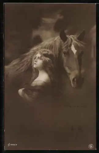 Foto-AK NPG Nr. 1002/3: Junge Frau mit ihrem Pferd