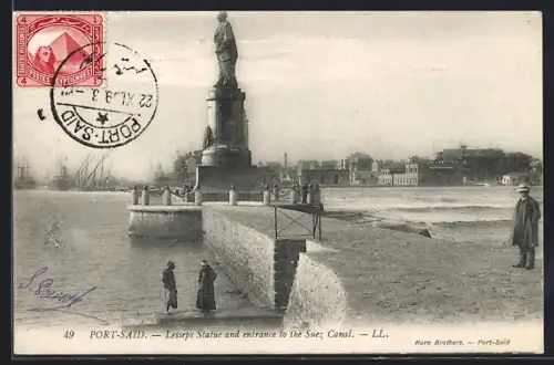 AK Port-Said, Lesseps Statue and entrance to the Suez Canal