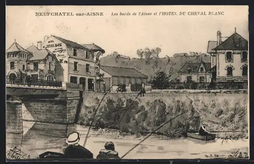 Künstler-AK Neufchatel-sur-Aisne, Les bords de l`Aisne et l`Hotel du Cheval Blanc