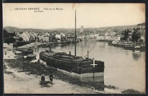 AK Chateau-Thierry, Vue sur la Marne, Le Port, Dampfer