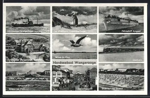 AK Wangerooge, Westturm, Bahnhof, Strand, Zedeliusstrasse, Fährschiff Arngast, Inselbahn