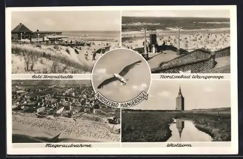 AK Wangerooge, Cafe Strandhalle, Leuchtturm, Fliegeraufnahme des Strandes