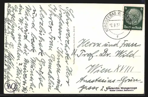 AK Wangerooge, Cafe Strandhalle, Leuchtturm, Fliegeraufnahme des Strandes