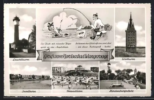 AK Wangerooge, Leuchtturm, Westturm, Strandleben, Inselbahn, Hindenburgplatz