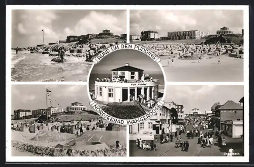 Lithographie Wangerooge, Cafe Pudding, Rund um den Pudding, Strandpartie