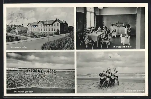 AK Wangerooge, Kinder-Kurheim, Puppenzimmer, Ballspiel am Strand