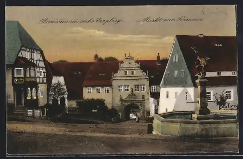 AK Lauenstein / Erzgeb., Markt mit Brunnen, Apotheke