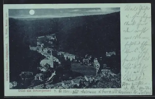 Mondschein-AK Schlangenbad, Strassenpartie mit Kirche