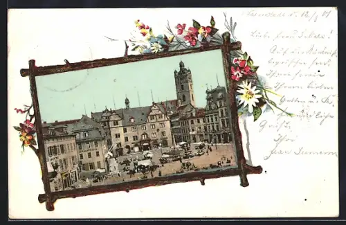 Lithographie Darmstadt /Gr.-H., Marktplatz mit Brunnen, Alpenblumen, Passepartout