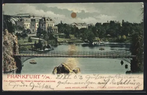 AK Frankfurt-Westend, Palmengarten, Teich und Drahtseilbrücke