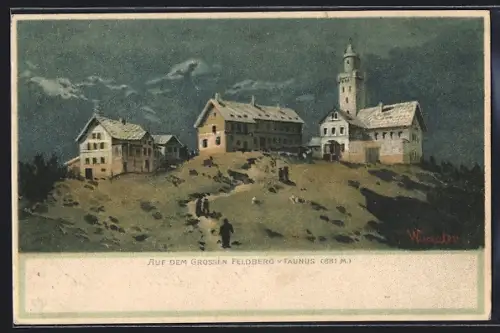 Künstler-AK Feldberg i. Taunus, Aussichtsturm und Restaurant