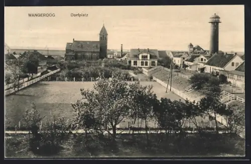 AK Wangeroog, Dorfplatz mit Kirche und Leuchtturm