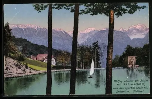 AK Wolfsgruben am Ritten, Wolfsgrubensee mit Schlern und Rosengarten