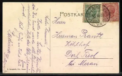 AK Bozen, Wandgemälde im Gasthaus zum weissen Rössl, Abtrieb von der Alm