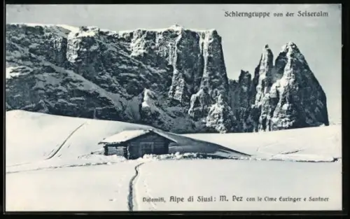 AK Seis am Schlern, Seiseralm im Schnee vor Schlerngruppe