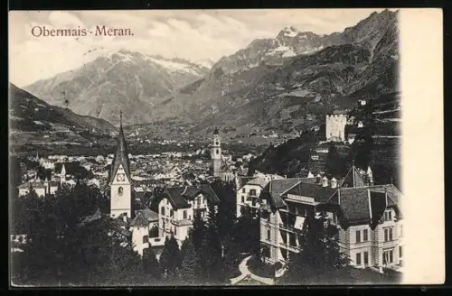 AK Meran, Obermais, Ortsansicht gegen das Hochgebirge