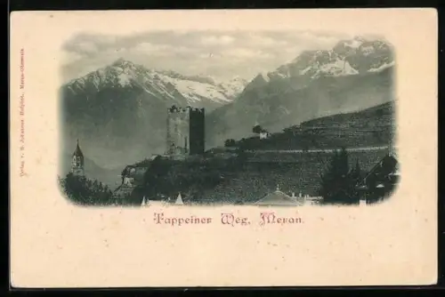 AK Meran, Tappeiner Weg mit Blick auf das Hochgebirge