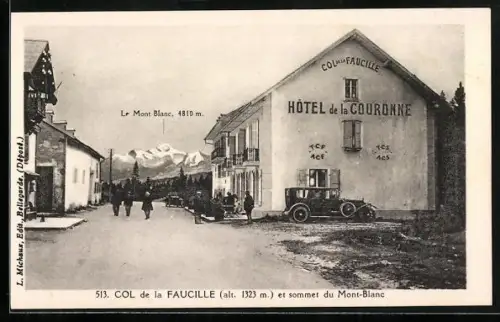 AK Col de la Faucille, Hôtel de la Couronne et sommet du Mont-Blanc en arrière-plan