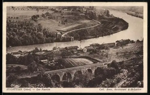 AK St-Lattier /Isère, Les Fauries avec pont ferroviaire et vue sur la rivière serpentine