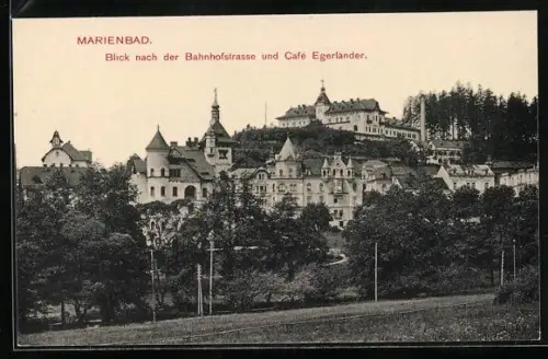 AK Marienbad, Blick nach der Bahnhofstrasse und Café Egerländer