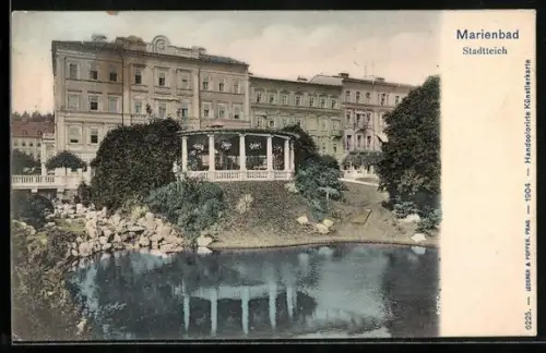 AK Marienbad, Stadtteich mit Pavillon