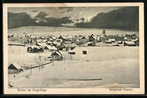AK Platten /Erzgebirge, Teilansicht im Winter