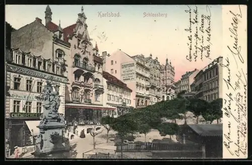 AK Karlsbad, Schlossberg mit Denkmal