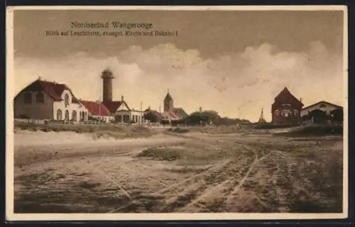AK Wangerooge, Blick auf Leuchtturm, evangel. Kirche und Bahnhof