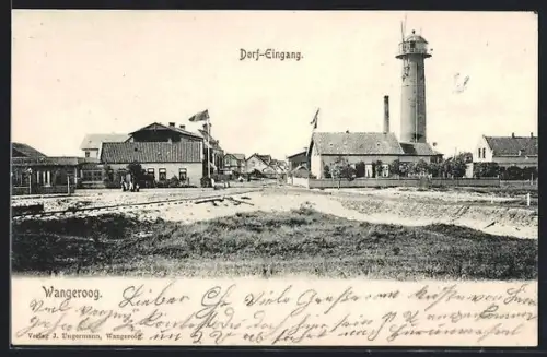 AK Wangerooge, Dorf-Eingang mit Leuchtturm und Bahngleisen