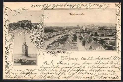 AK Wangeroog, Café Dünenschlösschen, Totalansicht des Ortes aus der Vogelschau, Westturm