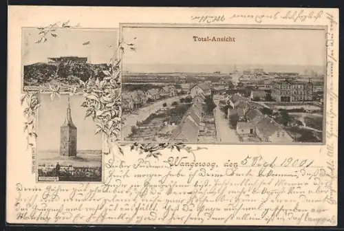 AK Wangeroog, Café Dünenschlösschen, Totalansicht des Ortes aus der Vogelschau, Westturm