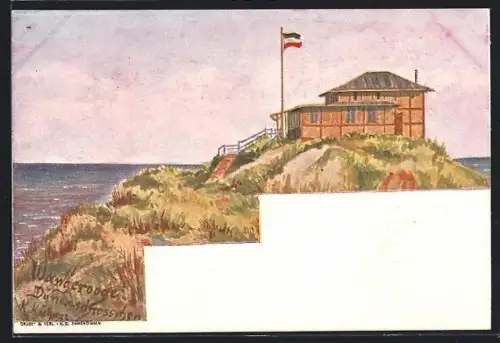 Künstler-AK Wangerooge, Café Dünenschlösschen mit Ausblick auf die Nordsee
