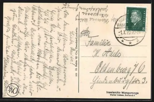 AK Wangerooge, Zedeliusstrasse mit Hotel Hanken und Leuchtturm im Hintergrund