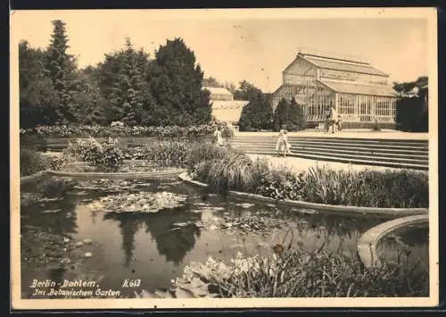 AK Berlin-Dahlem, Botanischer Garten, Teich und Gewächshaus