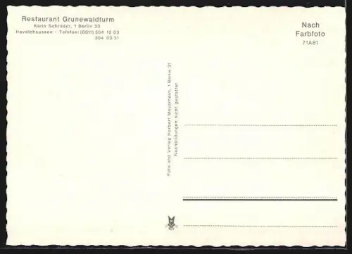 AK Berlin, Restaurant Grunewaldturm, Bes. Karin Schrader, Innen- und Aussenansicht