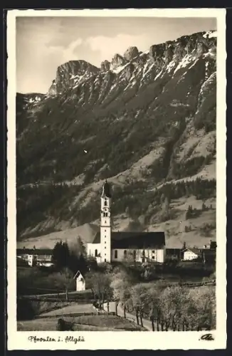 AK Pfronten i. Allgäu, Kirche, Berge mit Aggenstein und Breitenberg