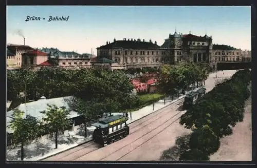 AK Brünn / Brno, Nádrazí, Blick zum Bahnhof, Strassenbahn
