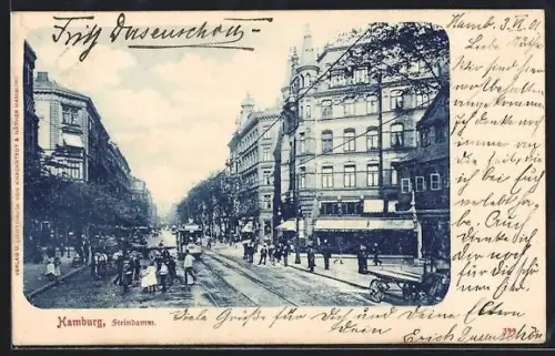 AK Hamburg-St.Georg, Strassenbahn und Geschäfte am Steindamm