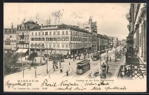 AK Mannheim, Hotel Pfälzer-Hof und Planken an der Ecke Breitestrasse mit Strassenbahn