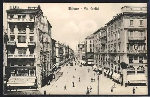 AK Milano, Via Orefici, Strassenbahn
