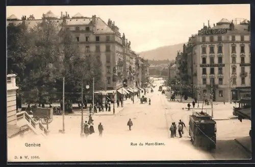 AK Genève, Rue du Mont-Blanc, Strassenpartie mit Strassenbahn