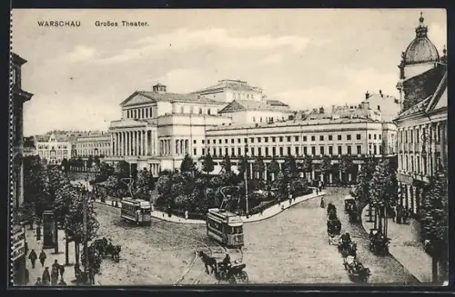 AK Warschau-Warszawa, Grosses Theater, Strassenbahn
