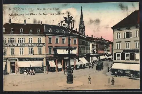 AK Mulhouse, Place de Nouveau Quartier, Strassenbahn