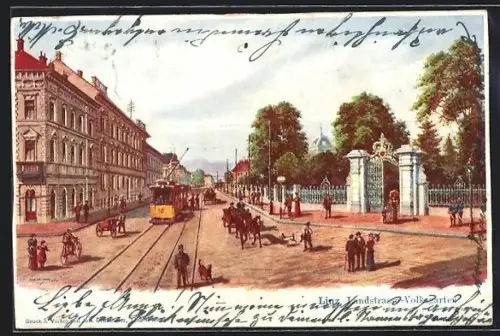 Künstler-AK Linz, Landstrasse am Volksgarten mit Strassenbahn